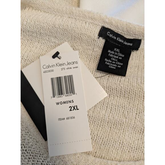 Calvin Klein Long Sleeve Chiffon Back Nubby Sweater cream beige stripe - Picture 4 of 7